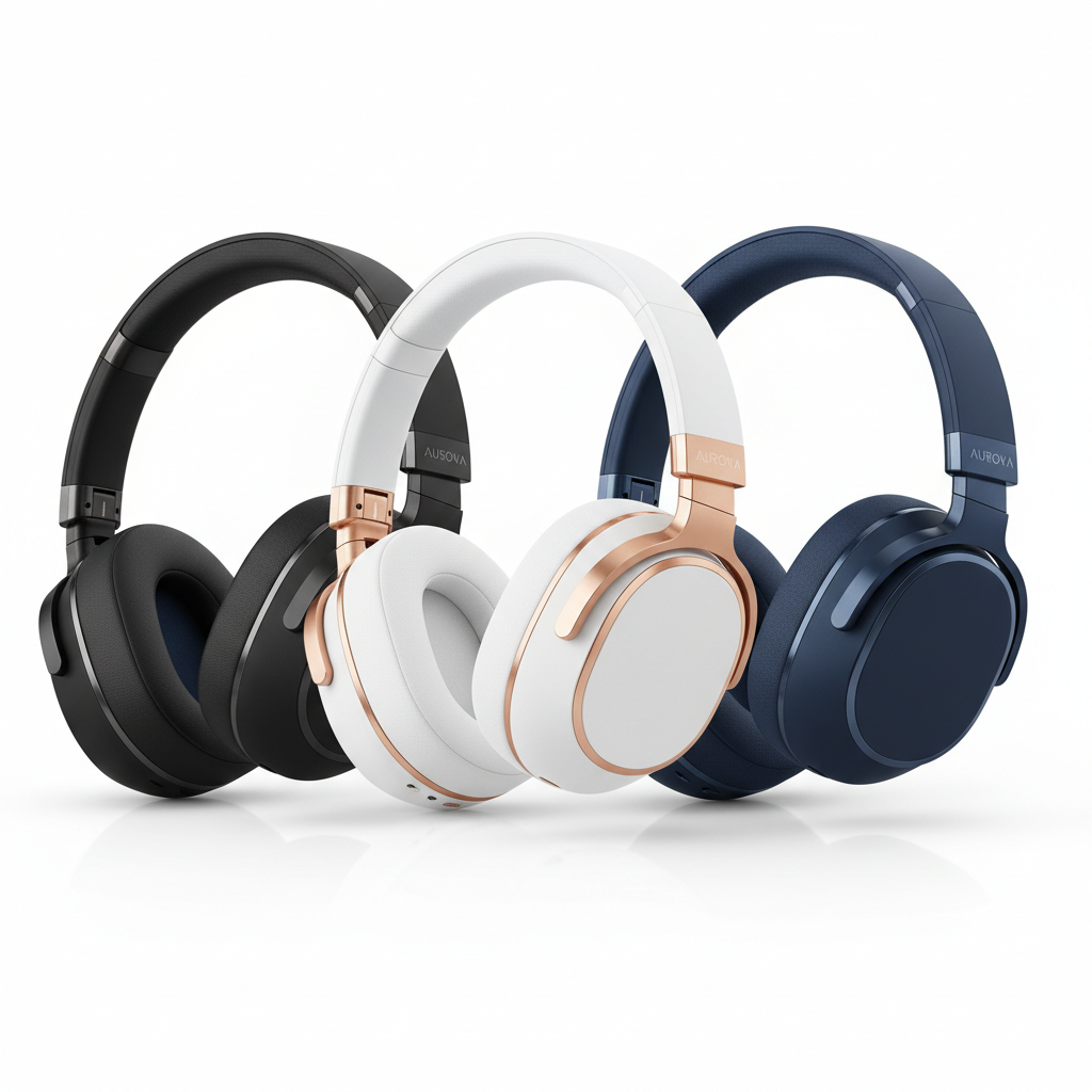 Wireless over-ear headphones in black, white, and navy blue on white background